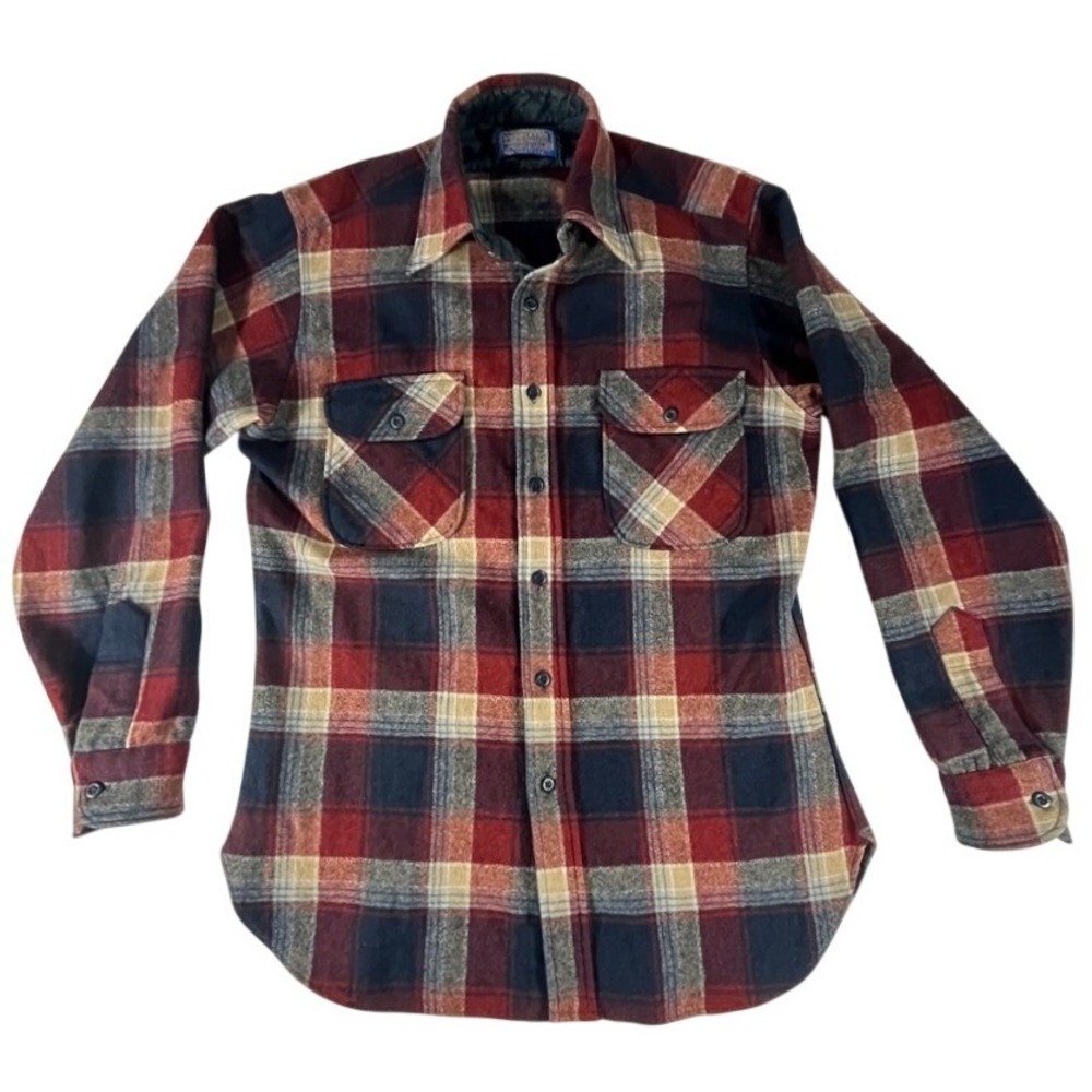 Vintage 60s Pendleton Board Shirt M Wool Plaid Loop Collar Flap Pockets USA